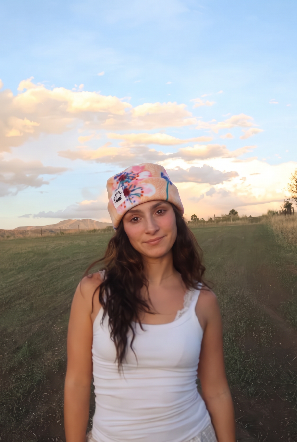 Pink Flower Box Top Beanie